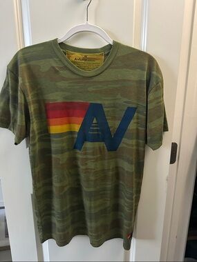 Aviator Nation Olive Camo Tee with Navy AV and Retro Stripes